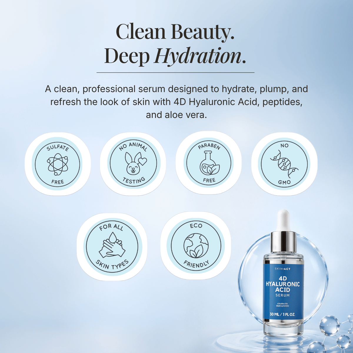 Skincare serum bottle with certification icons and product description on a light blue background