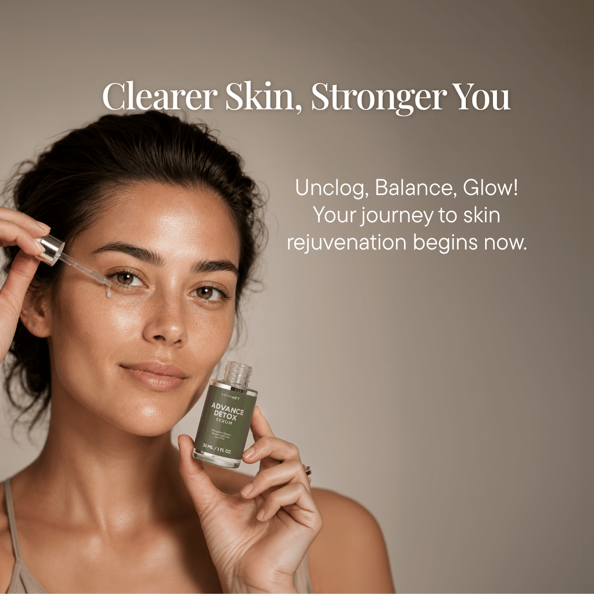 Woman holding a skincare bottle with text about skin rejuvenation on a beige background