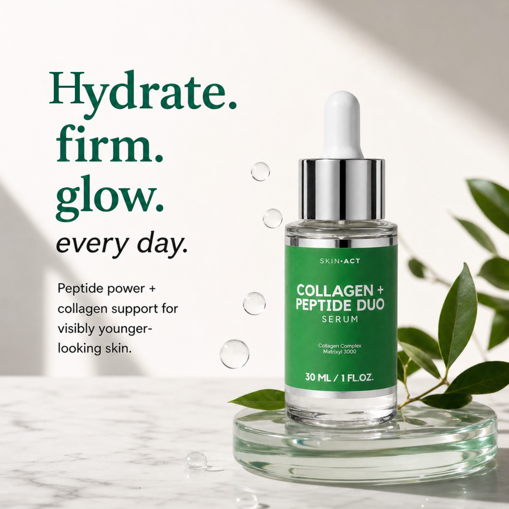 Collagen Plus Peptide Duo Serum | Collagen and peptide serum bottle with green label on a marble surface with leaves.