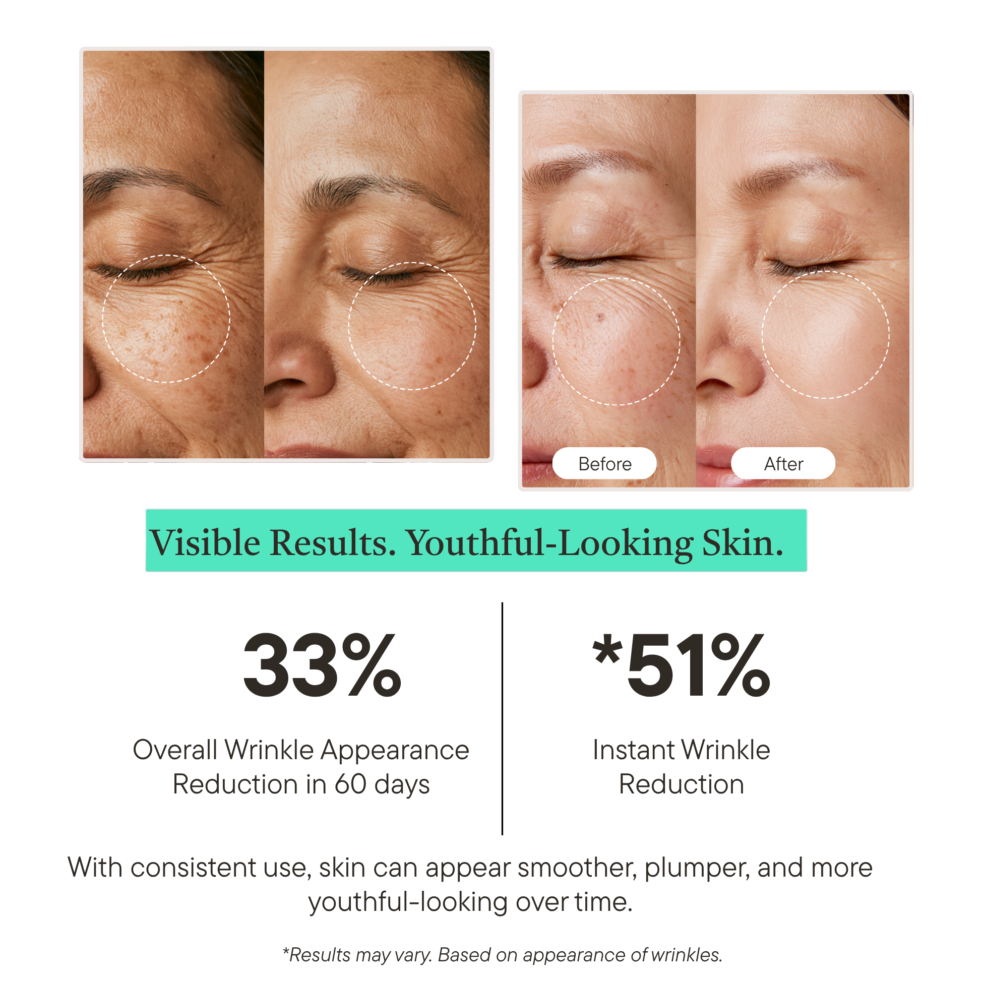 Collagen Plus Peptide Duo Serum Before and after comparison of skin with wrinkle reduction product, showing visible results.