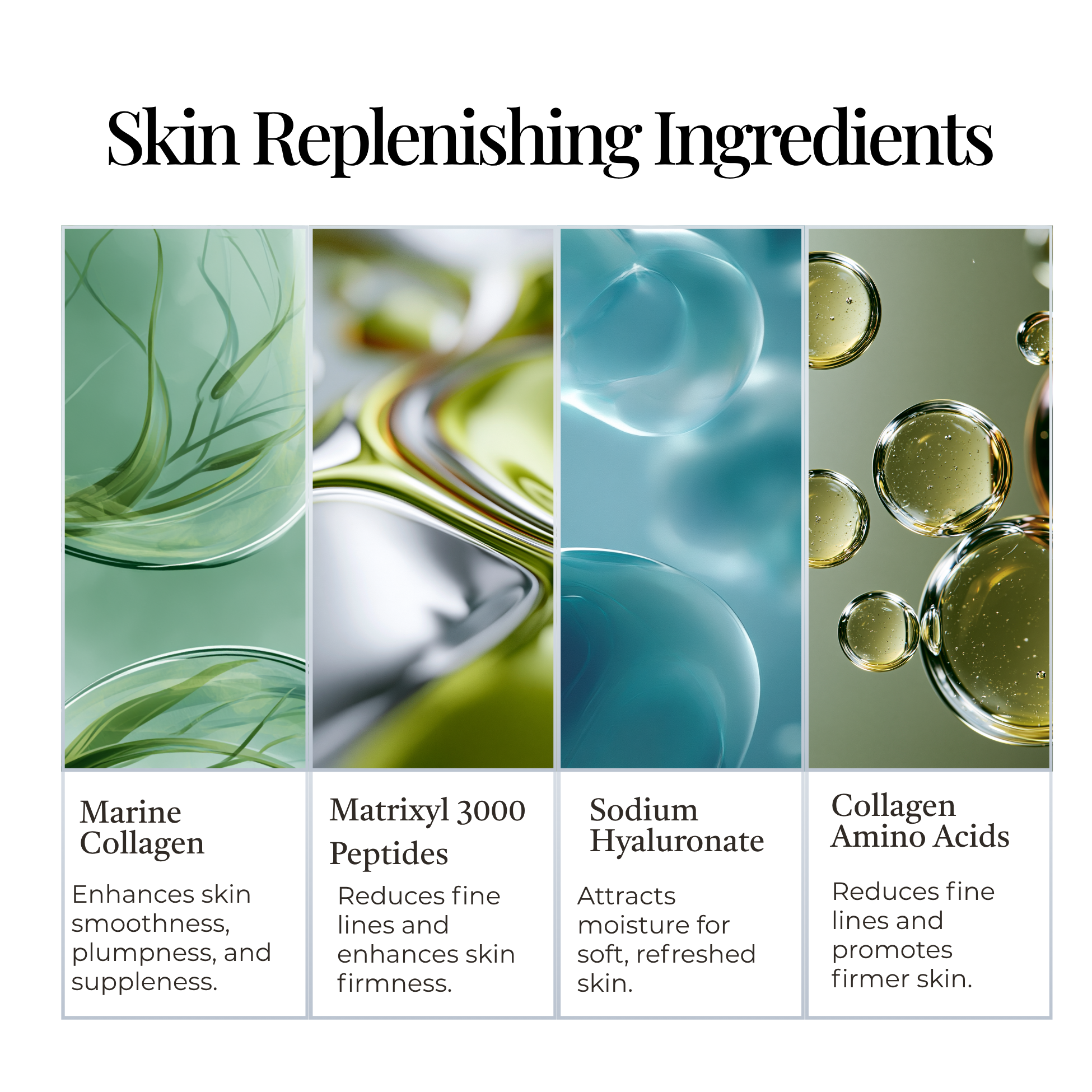 Illustration of skin replenishing ingredients with corresponding benefits.