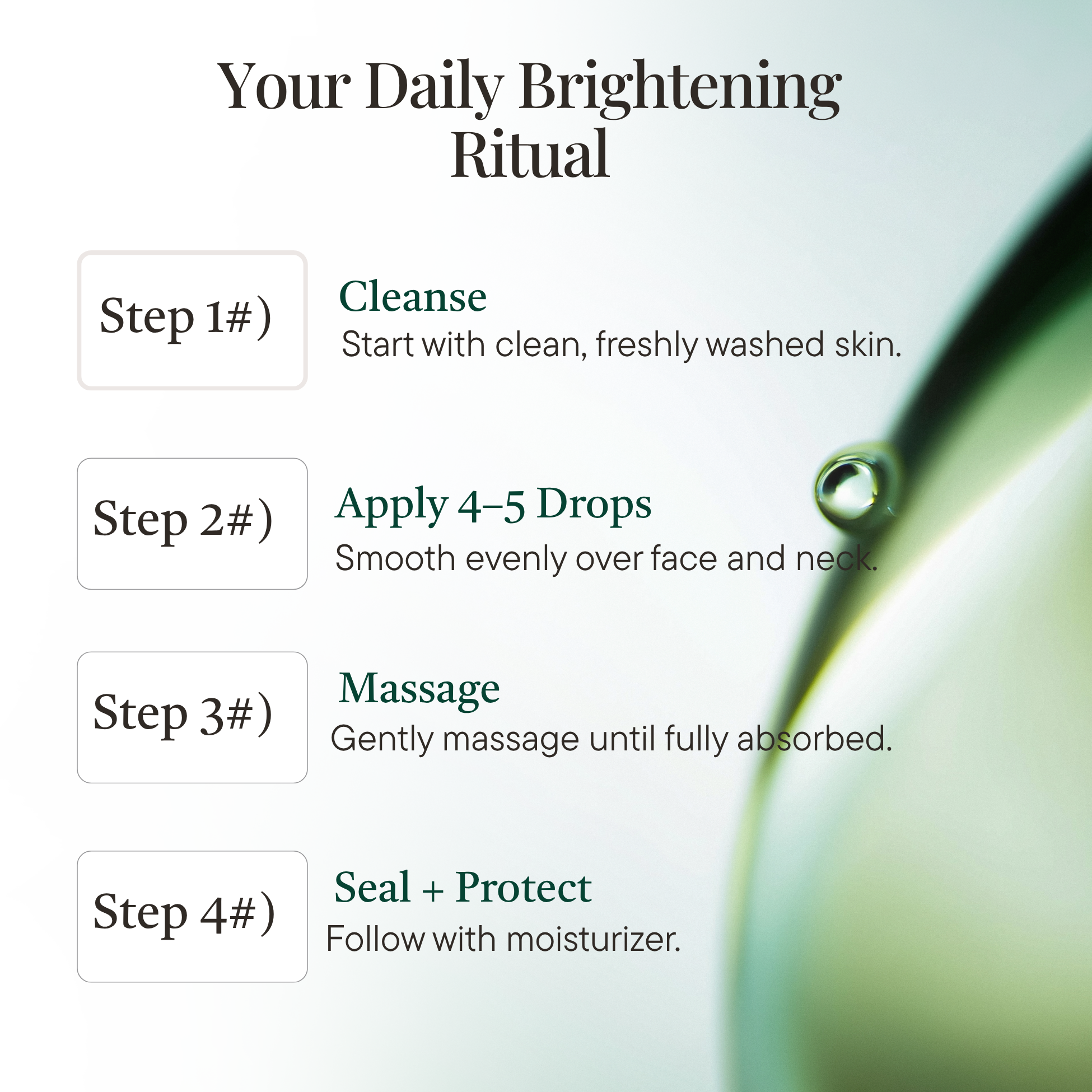Instructions for a daily brightening ritual with steps and a close-up of a droplet.
