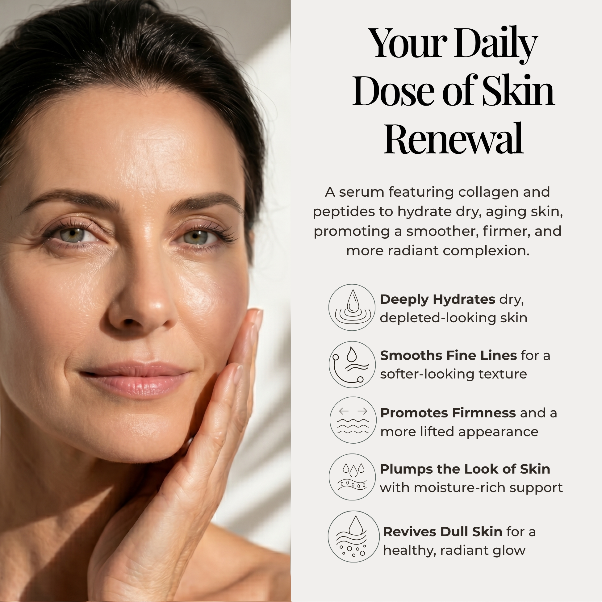 Collagen Plus Peptide Duo Serum Woman applying serum to her face with text about skin renewal benefits.