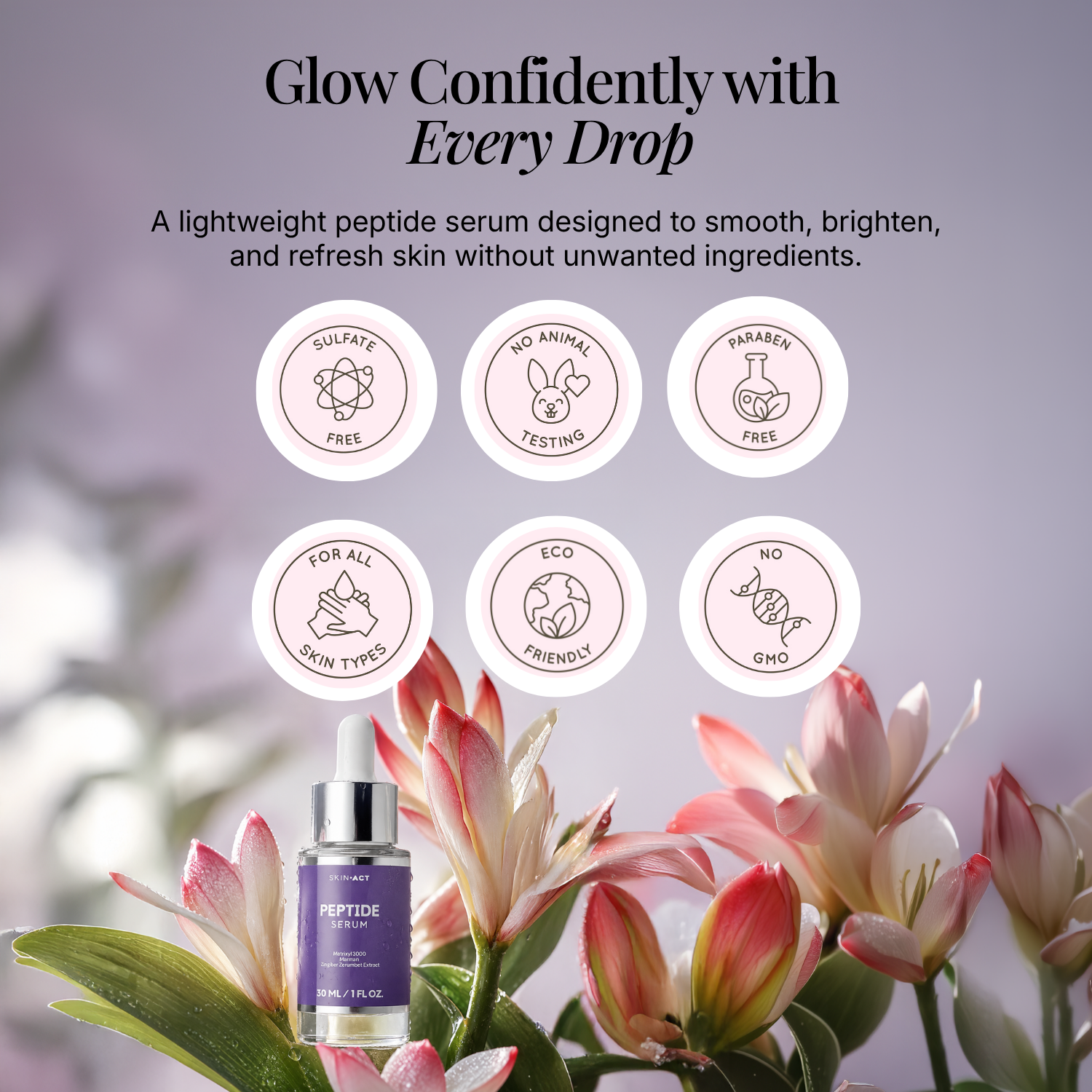 Peptide serum bottle with floral background and certification icons on a gray background