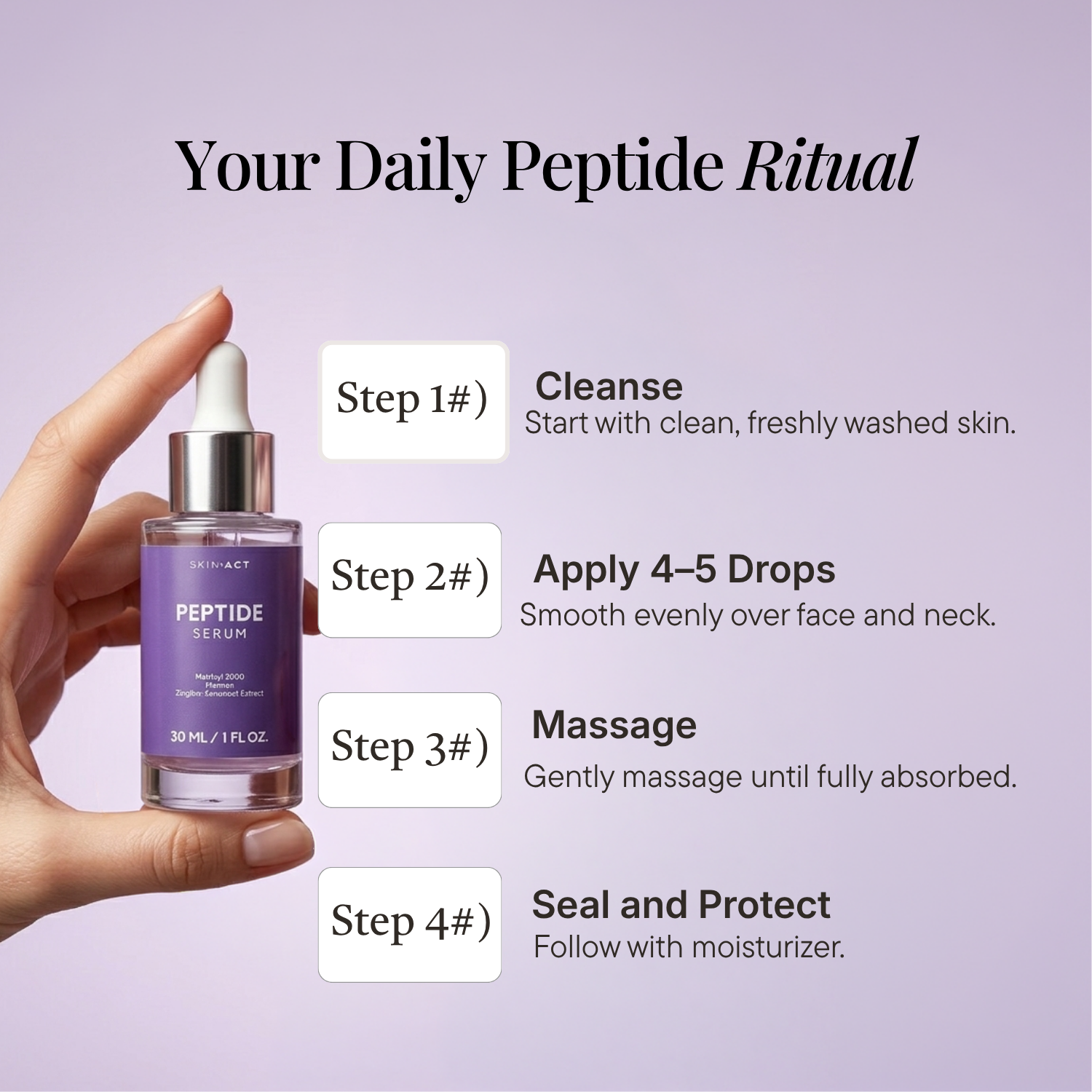 Skincare serum bottle with usage instructions on a purple background