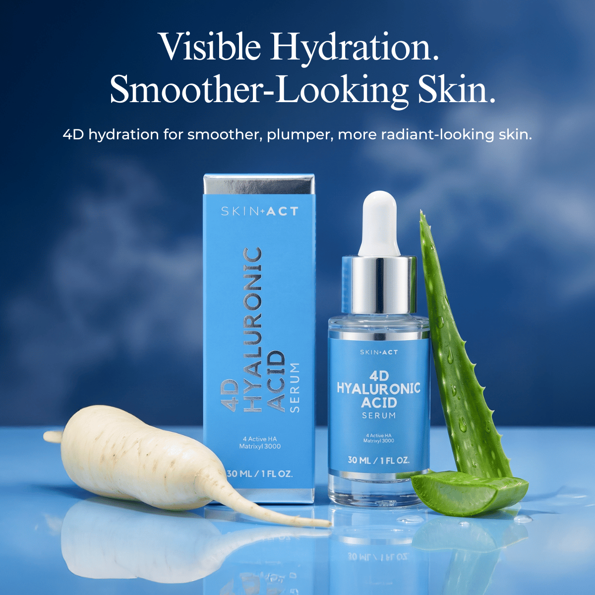 Skinact 4D Hyaluronic Acid Serum with aloe vera leaf and white radish on a blue background