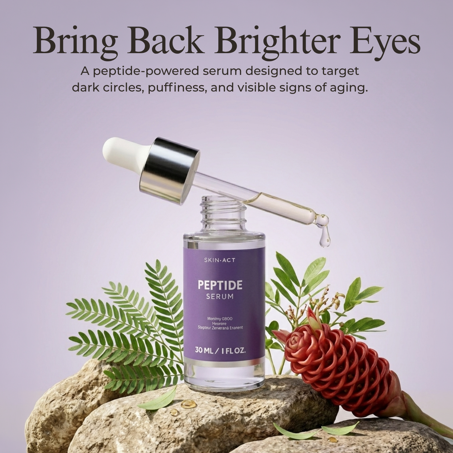 Skinact Peptide Serum bottle with dropper on a natural background with text about eye serum benefits.