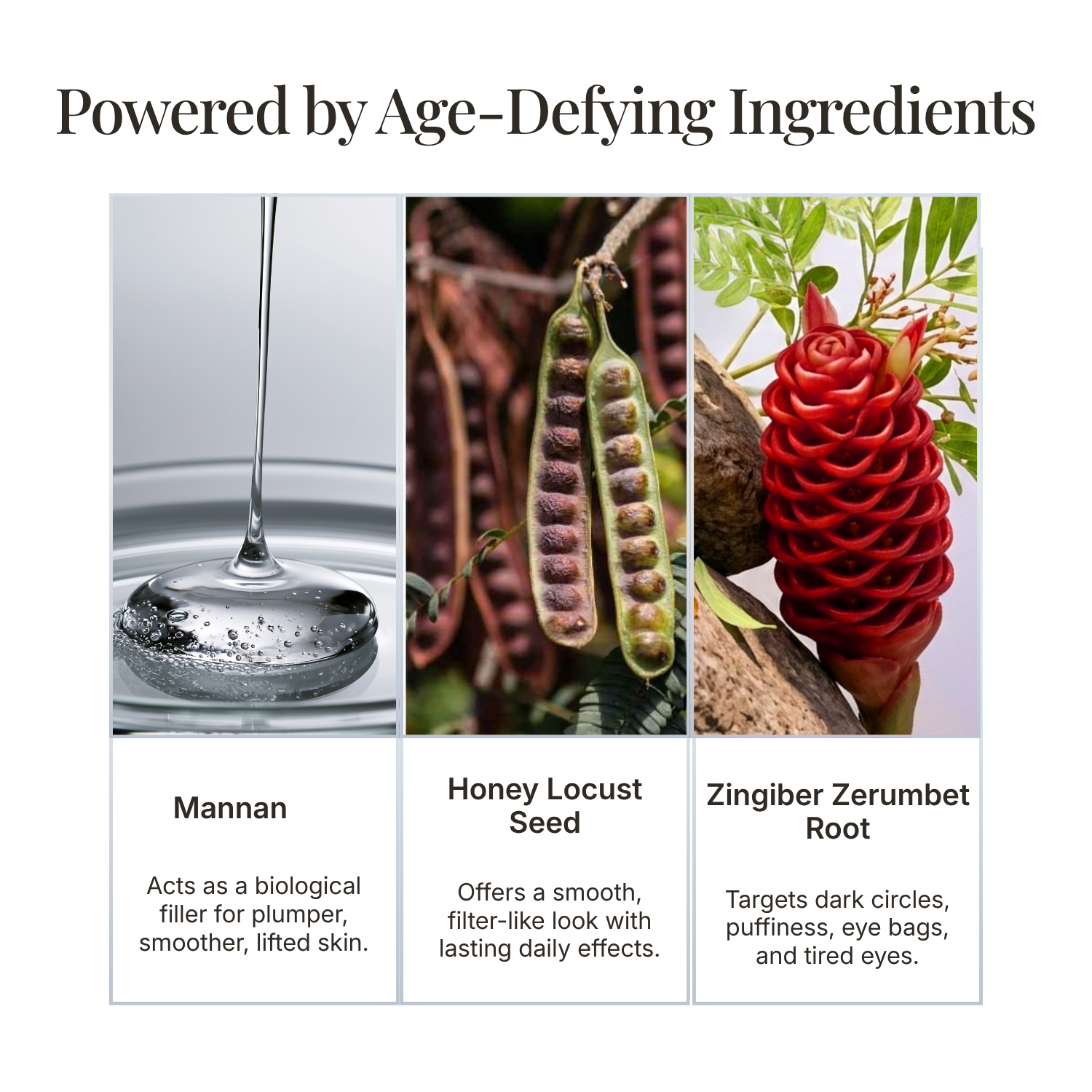 Product advertisement featuring age-defying ingredients with images and descriptions.