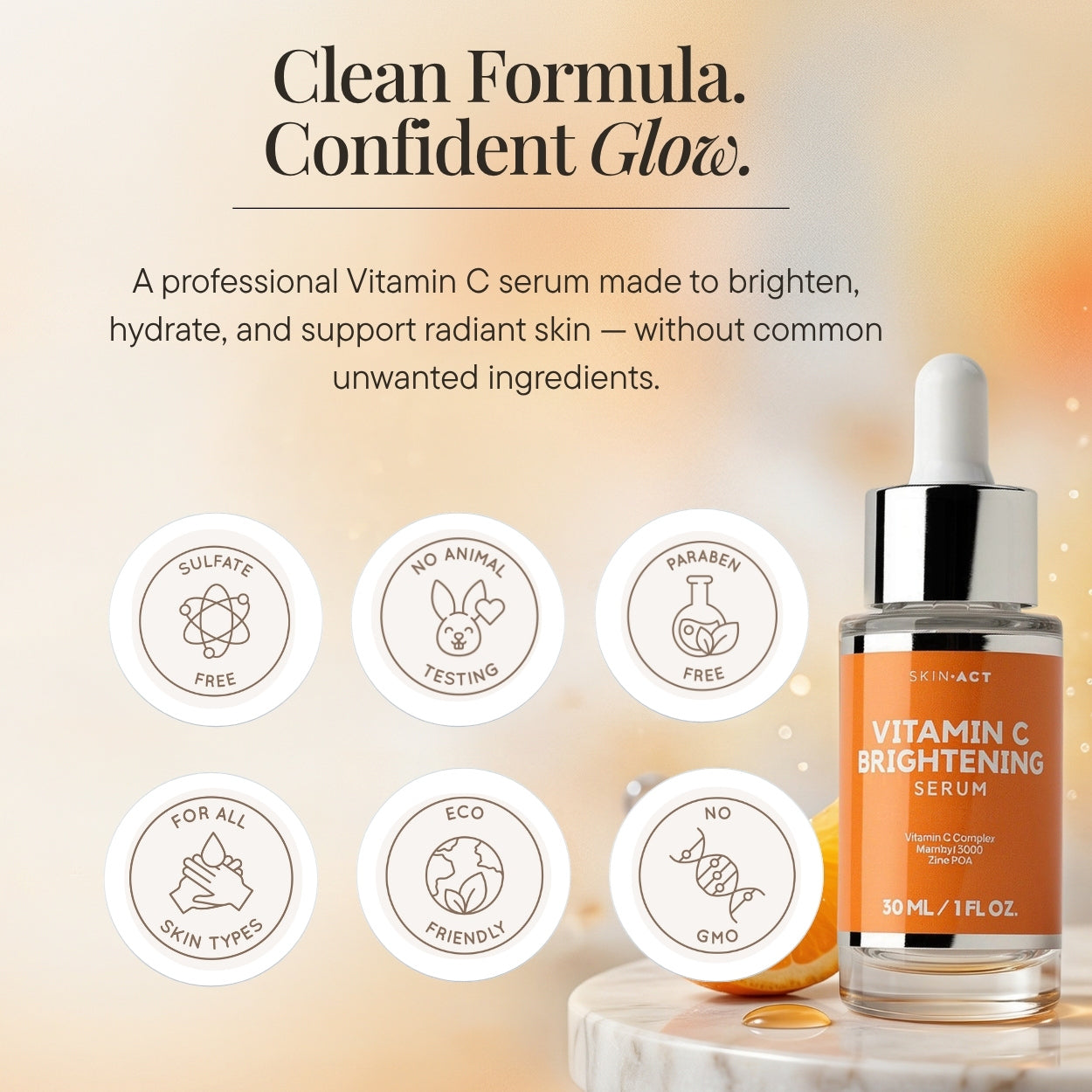 SKINACT Vitamin C Brightening Serum with clean ingredients icons on a blurred background