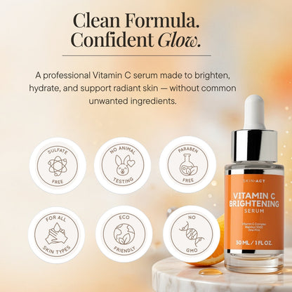 SKINACT Vitamin C Brightening Serum with clean ingredients icons on a blurred background
