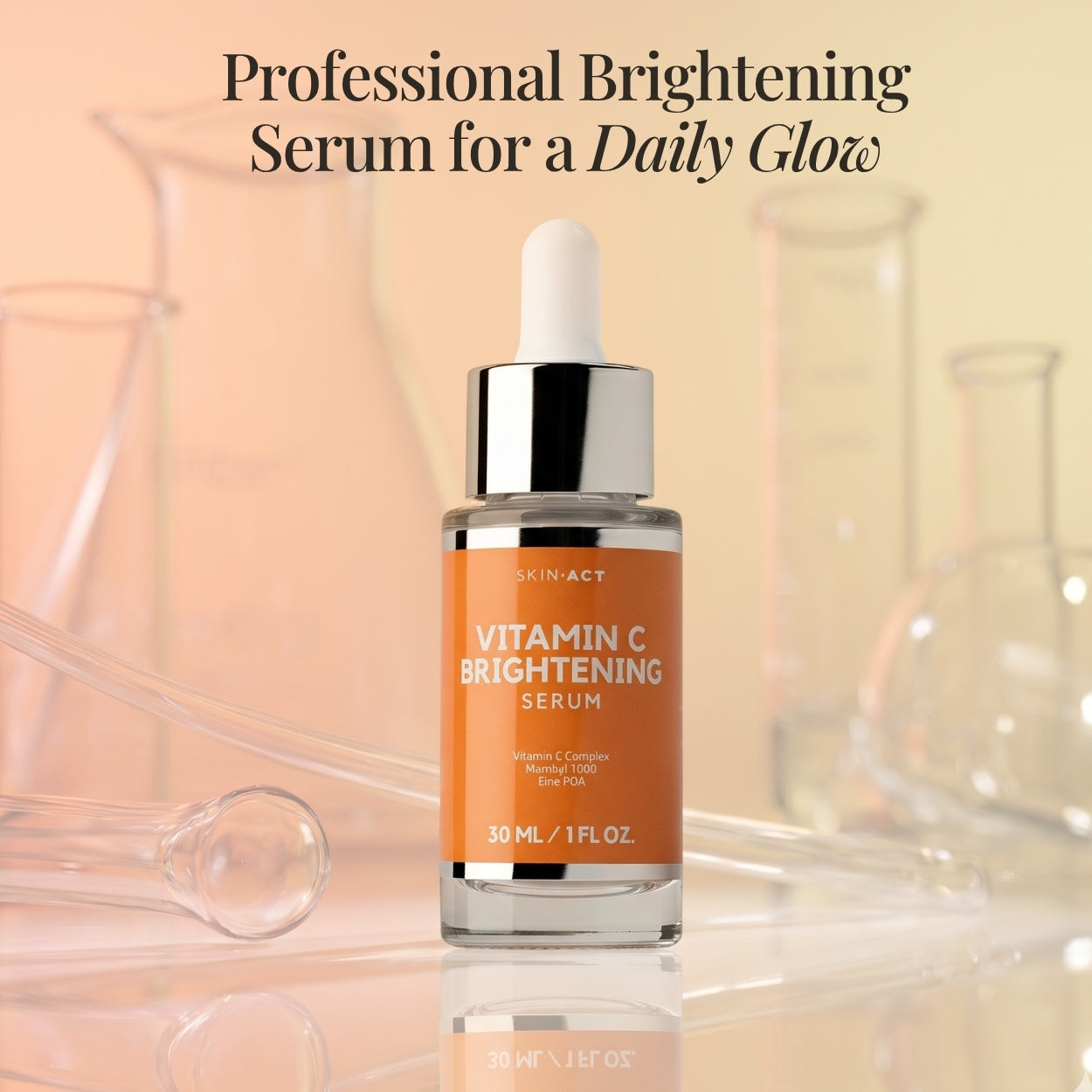 Vitamin C brightening serum bottle with dropper on a beige lab background