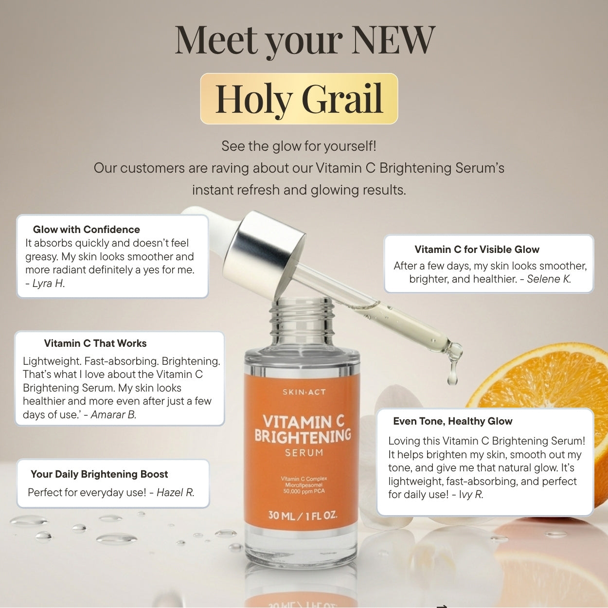 Skinact Vitamin C Brightening Serum with customer testimonials on a beige background
