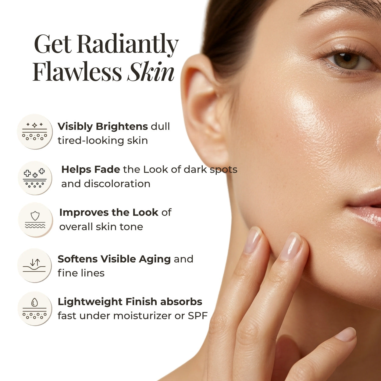 Advertisement for skin care product with a close-up of a person's face and text highlighting skin benefits.