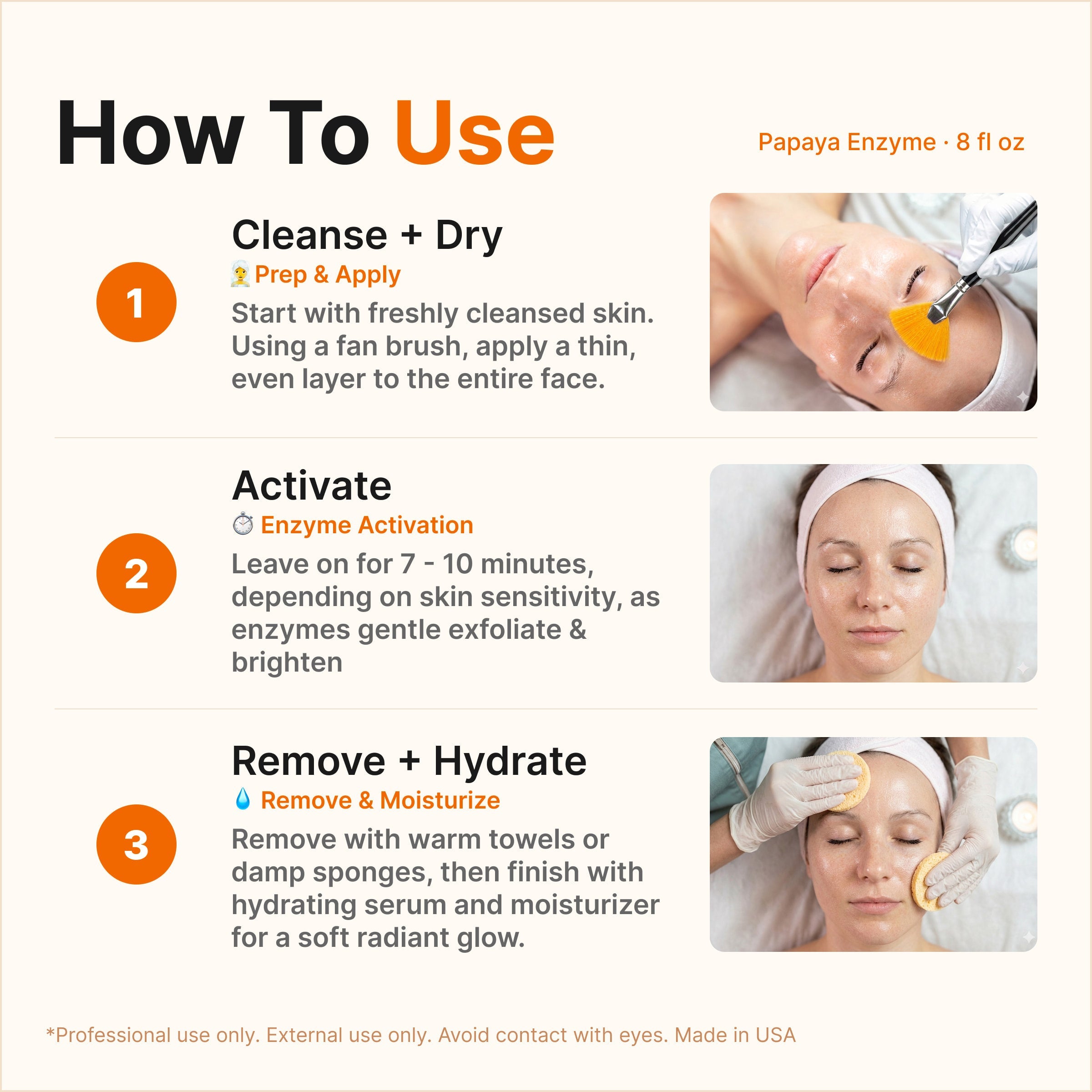 Instructions on how to use a facial product with step-by-step guidance and images of application.